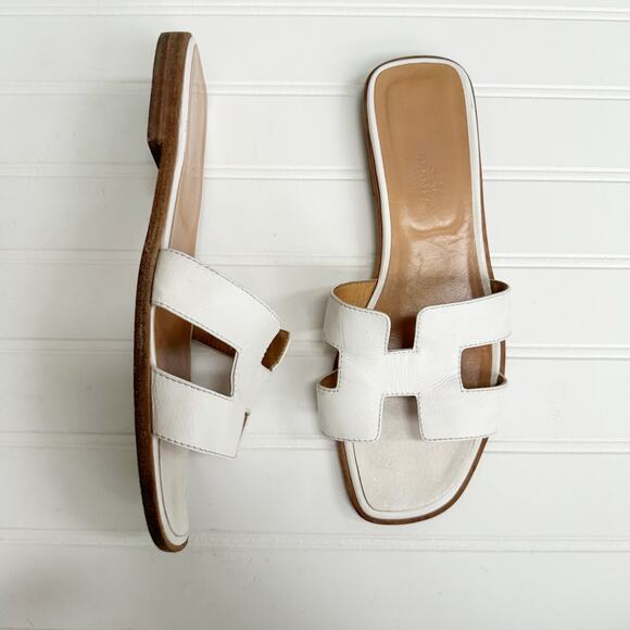 Hermès Oran Sandals White Leather H Cut Slides Flats 39 Designer Summer Shoes - Picture 3 of 8